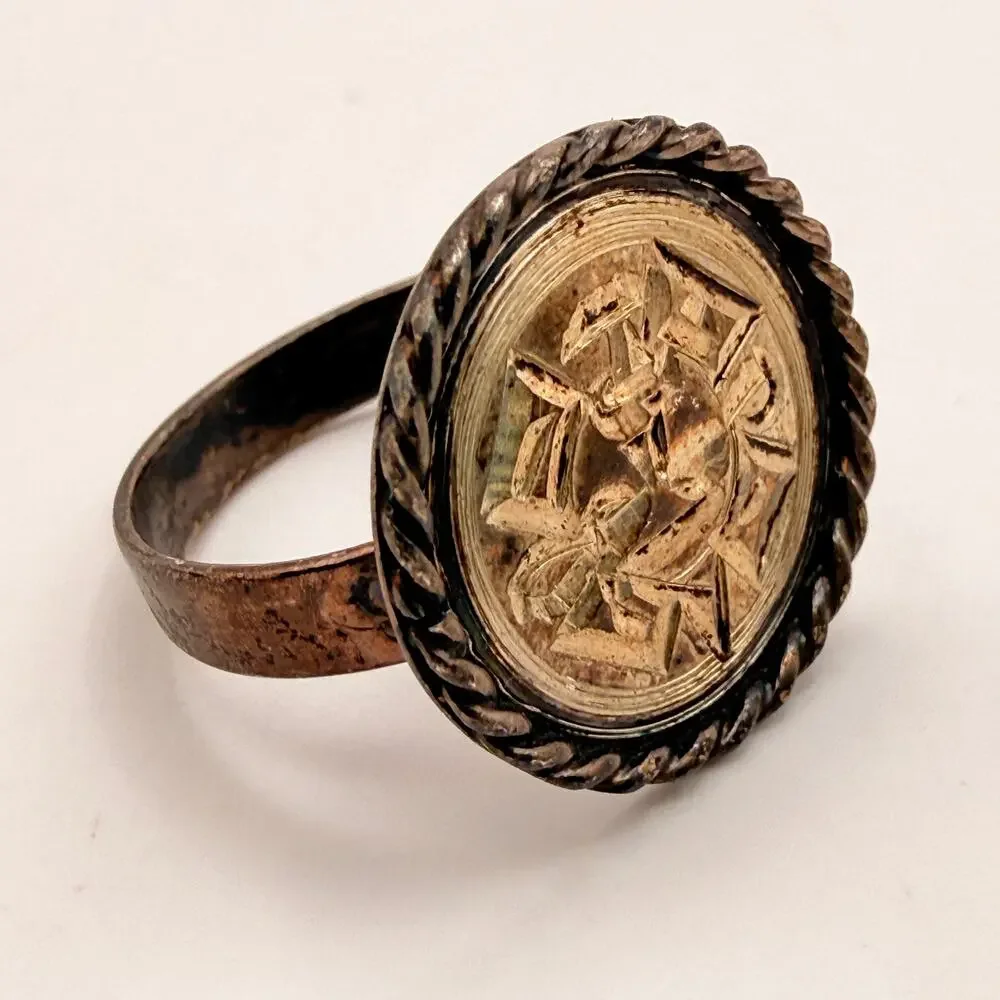 Vintage Mexico 925 Sterling Silver Ring Aztec Mayan Sun God Rope Frame Size 6